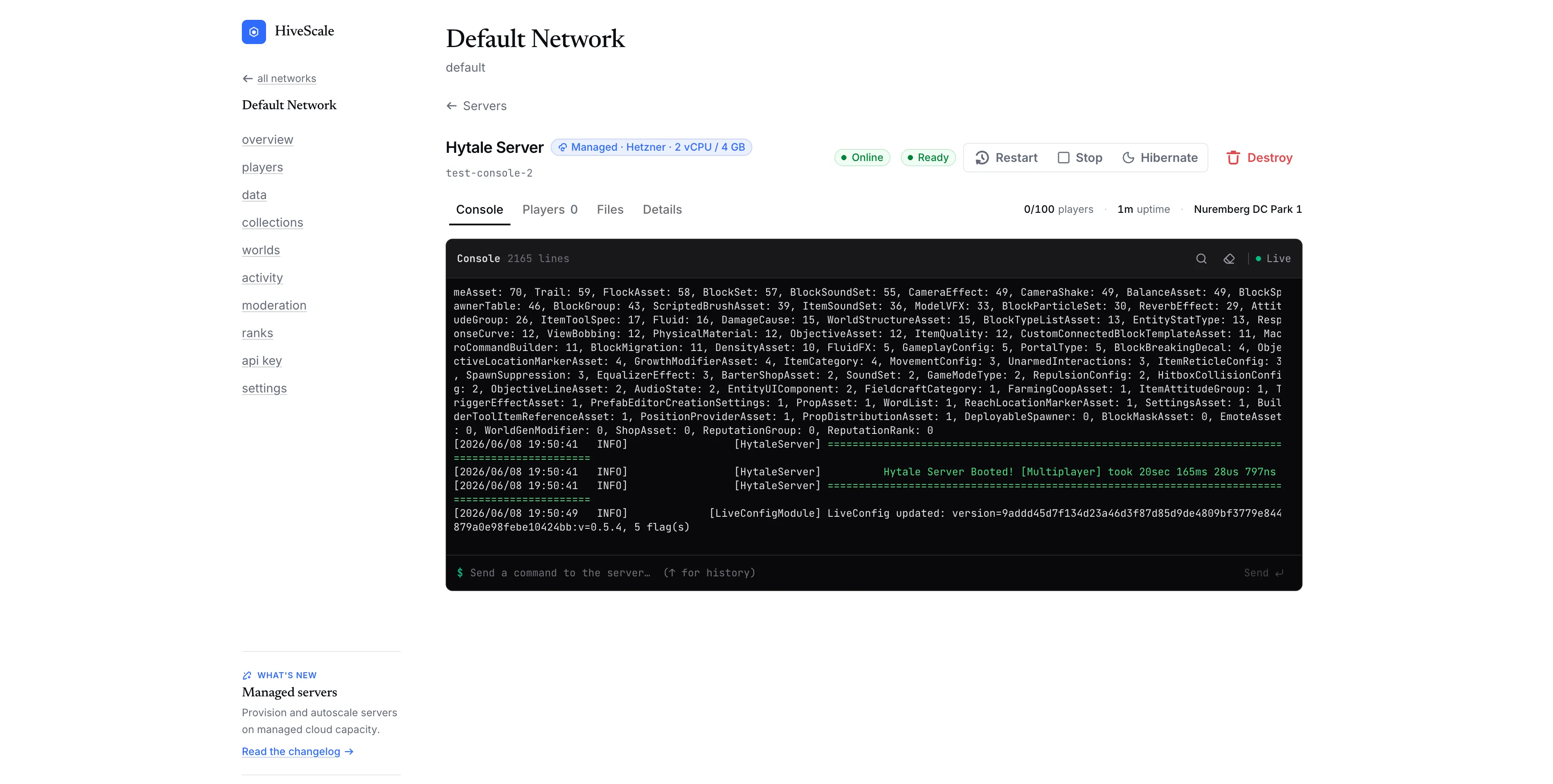 A server provisioned on Hetzner, managed from the HiveScale dashboard